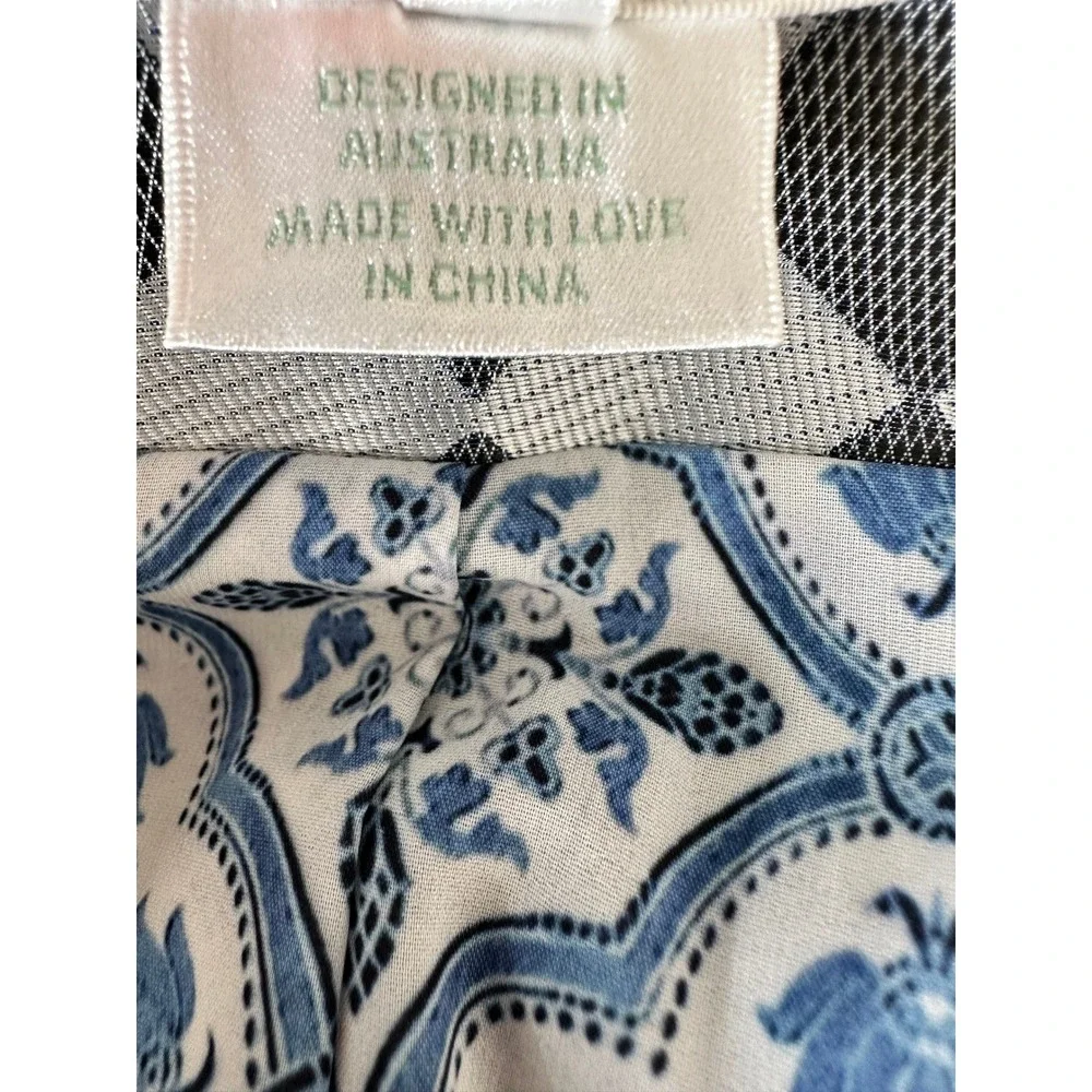 Camilla Peplum Blazer Size L Blue White Mosaic Print Crystal Embellished Art